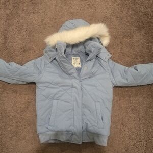 Abercrombie Kids Sky Blue Puffer Jacket with Faux Fur Hood